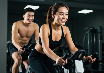 Happy couple working out on stationary bikes at the gym
