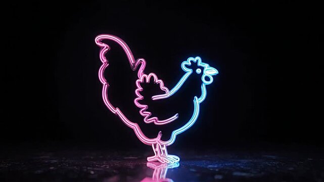 Neon rooster glows blue and pink against black background