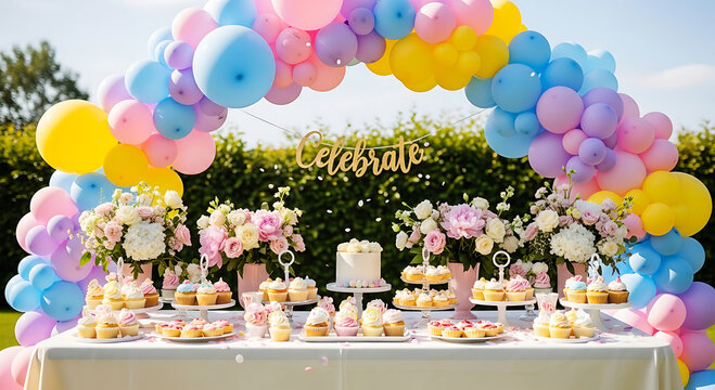 Colorful balloon arch over sweet treats table setup for festive celebration outdoors