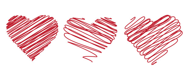 Fototapeta premium Three red scribbled hearts against a black background create a minimal abstract design.