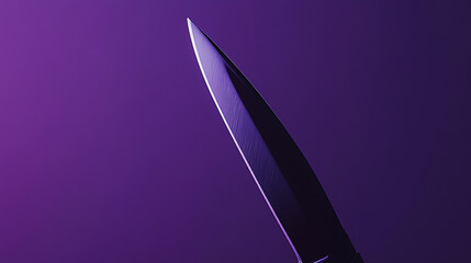 A gleaming blade pierces the purple void, its sharp edge catching the light. Abstract image symbolizing danger, precision, or potential conflict.