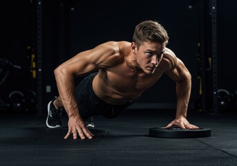 Obraz premium Man doing push-ups with weight plate in a gym