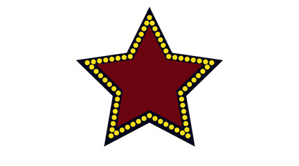 Maroon star outlined with glowing yellow bulbs radiates against a stark black backdrop.