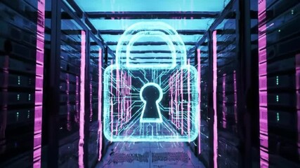 Futuristic digital data center with glowing padlock symbol, representing cybersecurity and protection - Powered by Adobe