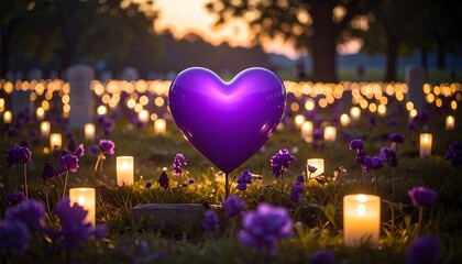 Purple Heart in Field with Candlelight and Flowers at Dusk