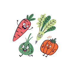 Happy Vegetables Cartoon Characters Isolated on White Background Cute Illustration