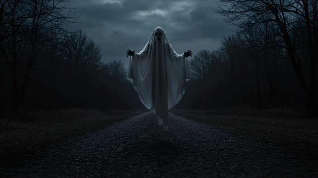 Mysterious ghost figure floating on a dark road in the woods, spooky apparition and paranormal spirit on a rural path footage.