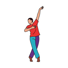 An illustration of a person dancing with one arm raised and legs crossed, wearing a red shirt and two-toned pants.