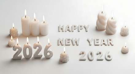 Warm glowing candles illuminate 'Happy New Year 2026' text and numerals for a festive celebration