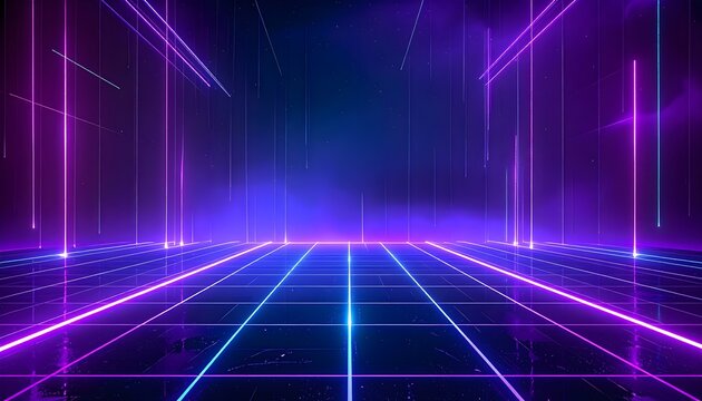 Abstract futuristic digital landscape with glowing neon grid lines and beams of light