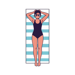 Illustration of a person in a swimsuit, lying on a striped towel, with sunglasses.