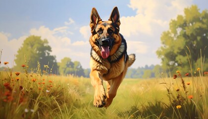 A german shepherd runs across a sunny meadow filled with wildflowers, its coat gleaming in the light.