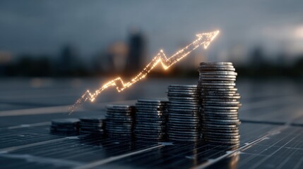 Growing profits displayed through stacks of coins and upward arrow against a city backdrop