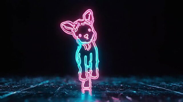 Neon lamb glows pink and blue on a dark surface