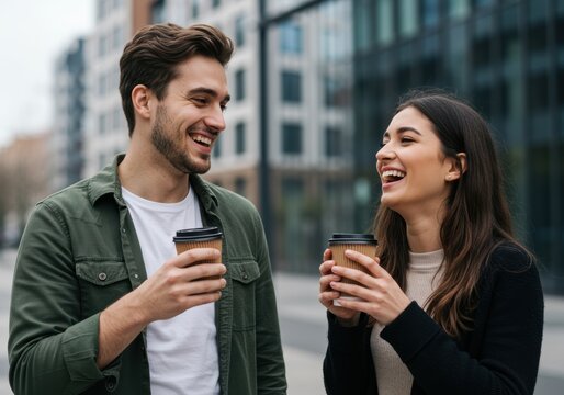 Happy couple enjoying coffee and conversation outdoors in the city. - Powered by Adobe