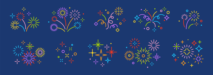 Firework salute line icons set on night sky background. Vector illustration. Star glitter outline sketch design elements. Colorful shine magic sparks. Happy New year celebrate party logo, firecracker