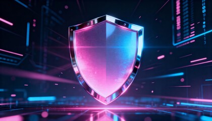 Futuristic chrome shield hologram with pink and blue cyber glow, data protection, dark digital cyberspace