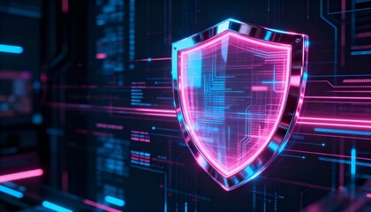 Futuristic chrome shield hologram with pink and blue cyber glow, data protection, dark digital cyberspace