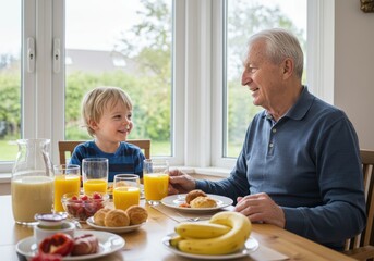 Grandfather and grandson enjoying breakfast together at home