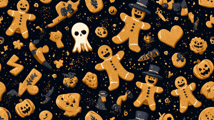 Eerie Halloween seamless vector pattern of a gingerbread guy. Background of Halloween treats. 