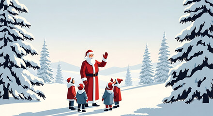 Santa Claus shares holiday cheer with children in a snowy winter landscape.