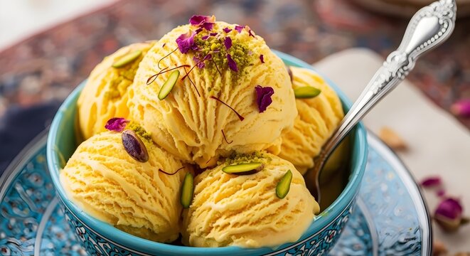 Iranian ice cream Persian traditional bastani sonnati with saffron and pistachio