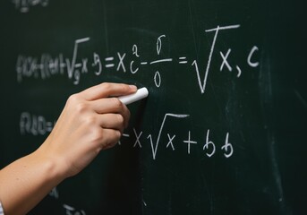 A hand writing mathematical equations on a chalkboard with chalk.