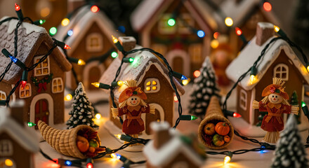 Whimsical gingerbread village glows with festive Christmas lights and decorations.