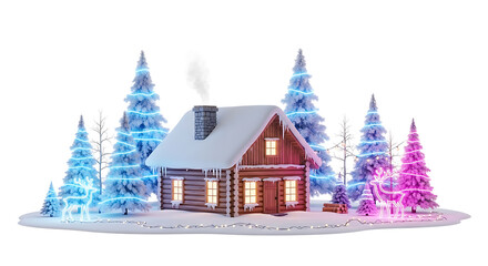 Cozy wooden cabin nestled among snow-covered trees illuminated with colorful festive lights