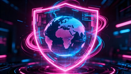 Obraz premium Futuristic holographic globe with pink and blue cyber shield, global data protection, dark tech design