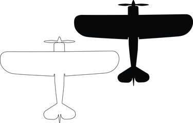Two vintage biplane airplanes in silhouette flying against a white background silhouette