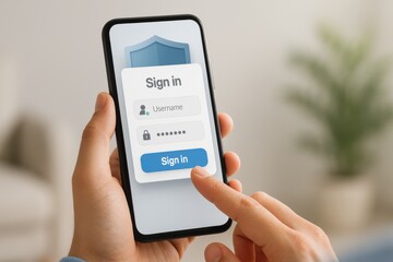 Person holding smartphone and pressing secure login form with username and password authentication fields protected by shield icon
