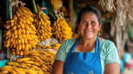 A smiling woman in a blue apron stands in front of a table piled high with yellow bananas. She is selling fruit at an outdoor market