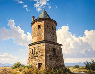 A weathered stone tower rises against a backdrop of a vast, partly cloudy sky and a distant, rolling landscape.