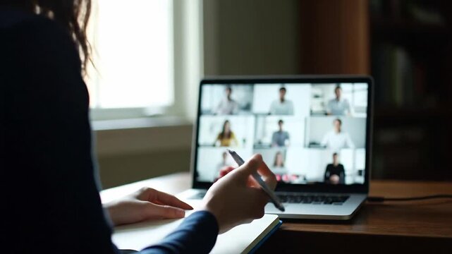 Woman taking notes during online video conference on laptop