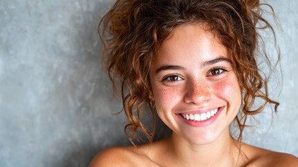 A natural and beautiful young woman with curly hair smiles warmly against a textured concrete backdrop, radiating authenticity and confidence, perfect for promoting natural beauty and self-love.