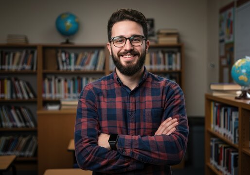 Smiling teacher with glasses in a library - Powered by Adobe