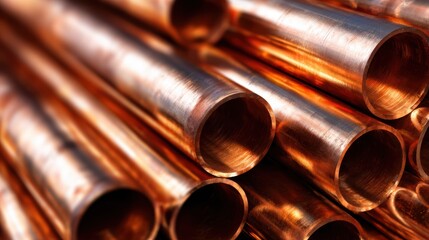 Naklejka premium An artistic display of copper tubes arranged closely together, showcasing their smooth, reflective surfaces that emit a warm glow and industrial elegance.