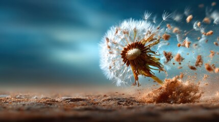 A close-up of a dandelion seed head dispersing its seeds in the breeze, symbolizing freedom, nature's beauty, and the fleeting moments of life in a stunning visual capture.