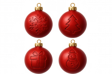 Red christmas ornaments featuring a snowflake, christmas tree, gift box, and snowman. Transparent background
