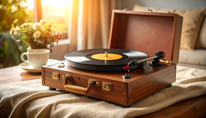 Record Player on Table with Coffee Cup and Flowers in Warm Morning Light