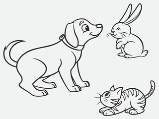 Cute pets including dog, cat, and rabbit outlined black and white coloring sheet