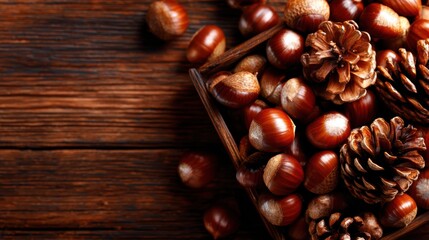 A rustic arrangement of chestnuts and pinecones on a wooden surface, symbolizing the autumn season and natural elements in d&eacute;cor.