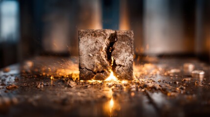 A dramatic close-up of a cracked concrete block surrounded by sparks and heat, depicting industrial strength and the raw energy of mechanical impact in a creative setting.