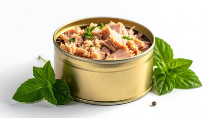 Open can of flaked tuna surrounded by fresh mint and peppercorns on a white background, representing healthy, convenient protein and pantry staples.