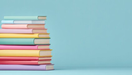 Stack of pastel books against a solid blue background