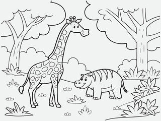 Cartoon jungle safari with giraffe, zebra, and hippo outlined coloring sheet © Nargis
