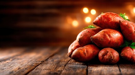 A captivating arrangement of fresh sweet potatoes rests on a rustic wooden surface, showcasing their rich color and natural form, perfect for healthy culinary inspirations.