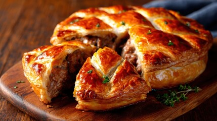 A golden brown meat pie, perfectly baked, sits on a wooden serving board with a slice cut out, showcasing its rich filling, making it an appetizing dish for gatherings.