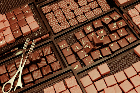 Paris, France. Europe Dark and light chocolates at a chocolatier